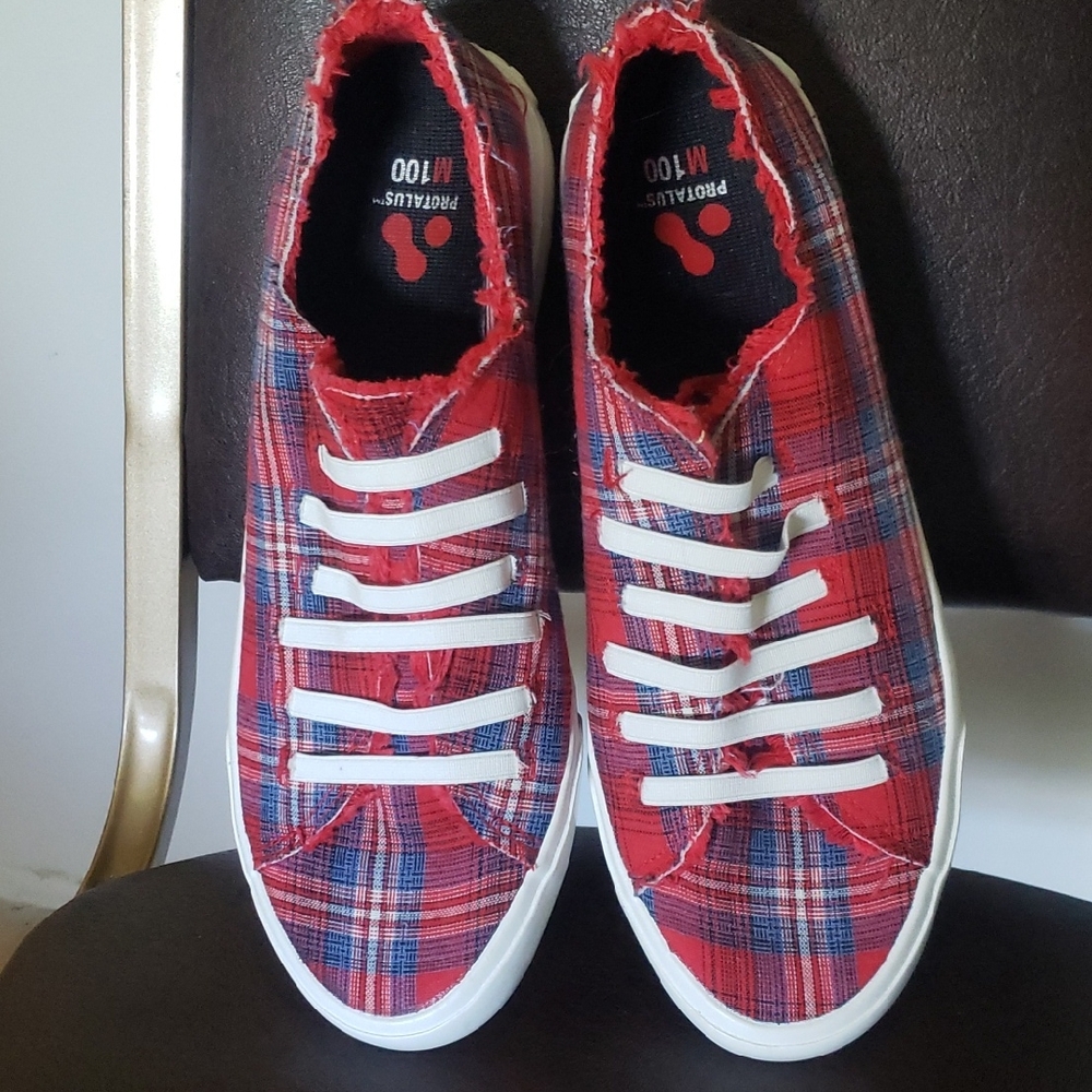 Red Plaid Sneakers with White Laces